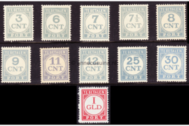 Nederland NVPH P69-P79 Gestempeld Cijfer en waarde in blauw, 1 gld rood 1921-1938