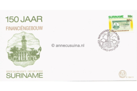 Republiek Suriname Zonnebloem E104 YY Onbeschreven 1e Dag-enveloppe 150 jaar Financiëngebouw. Zegel nr 352 met opdruk '150 jaar Financiëngebouw in bruin' 1986