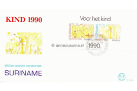 Republiek Suriname Zonnebloem E143 A Onbeschreven 1e Dag-enveloppe Blok Kinderzegels, afbeeldingen van 'het kind in de natuur' 1990