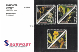 Republiek Suriname Zonnebloem Presentatiemapje PTT nr 105A en 105B Postfris Postzegelmapje Orchideeën 1996