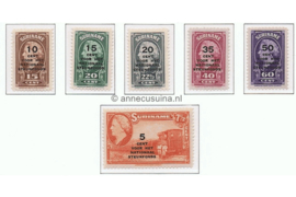Suriname NVPH 214-219 Postfris Steunfonds. Frankeerzegels van de uitgifte 1945 overdrukt in zwart 1945