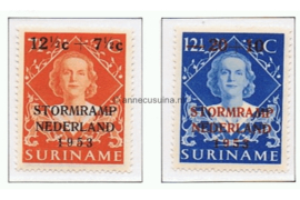 Suriname NVPH 295-296 Postfris Stormrampzegels. Frankeerzegels van de uitgifte 1948, overdrukt in zwart (7 1/2 cent) en rood (12 1/2 cent) 1953