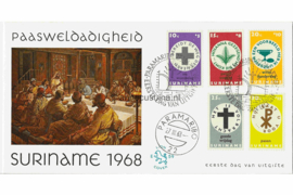 Suriname (Lion) NVPH E59 (E59La) Onbeschreven 1e Dag-enveloppe Paasweldadigheidszegels. Symbolen 1968
