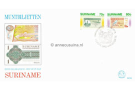 Republiek Suriname Zonnebloem E71 A en B Onbeschreven 1e Dag-enveloppe Surinaamse munten en bankbiljetten op  2 enveloppen 1983