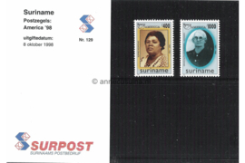 Republiek Suriname Zonnebloem Presentatiemapje PTT nr 129 Postfris Postzegelmapje U.P.A.E. America (tiende serie) Sophie Redmond en Grace Ruth Schneider-Howard 1998