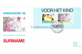 Republiek Suriname Zonnebloem E128 A Onbeschreven 1e Dag-enveloppe Blok Kinderzegels, afbeelding van 'kind en dier', 'kind in de natuur' en 'kinderen helpen elkaar (stop drugs!)'  1988