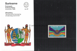 Republiek Suriname Zonnebloem Presentatiemapje PTT nr 47 Postfris Postzegelmapje Ter ere van Anthony Nesty die een gouden medaille behaalde tijdens de Olympische Spelen te Seoul op het nummer 100 meter vlinderslag zwemmen 1988
