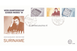 Republiek Suriname Zonnebloem E84 A en B Onbeschreven 1e Dag-enveloppe Het Werelskampioenschap schaken tussen Karpov en Kasparov in Moskou op  2 enveloppen 1984