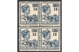 NVPH 114 Postfris (15 ct op 20 ct) (Blokje van vier) Hulpuitgifte. Frankeerzegels der uitgifte 1913-1931, plaatselijk overdrukt in zwart en rood. 1925