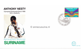 Republiek Suriname Zonnebloem E127 XX Onbeschreven 1e Dag-enveloppe Ter ere van Anthony Nesty die een gouden medaille behaalde tijdens de Olympische Spelen te Seoul op het nummer 100 meter vlinderslag zwemmen 1988