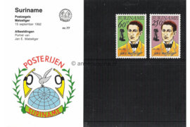 Republiek Suriname Zonnebloem Presentatiemapje PTT nr 77 Postfris Postzegelmapje De 140e geboortedag van Jan E. Matzeliger, de uitvinder van de schoenleestmachine 1992