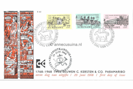 Suriname NVPH E62a (ZONDER BRIEF C. KERSTEN & CO.) (Uitgave met met vignet zaken en zending) Onbeschreven 1e Dag-enveloppe 200 jaar Zendingsfirma C. Kersten & Co. 1968