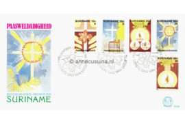 Republiek Suriname Zonnebloem E79 Onbeschreven 1e Dag-enveloppe Paasweldadigheidszagels, symbolische afbeeldingen van het paasfeest 1984
