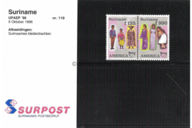 Republiek Suriname Zonnebloem Presentatiemapje PTT nr 110 Postfris Postzegelmapje U.P.A.E. America (achtste serie) Afbeeldingen van traditionele klederdrachten 1996