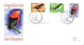 Republiek Suriname Zonnebloem E14 C en D Onbeschreven 1e Dag-enveloppe Luchtpostzegels Tropische vogels op 2 enveloppen 1977