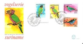 Republiek Suriname Zonnebloem E14 A en B Onbeschreven 1e Dag-enveloppe Luchtpostzegels Tropische vogels op 2 enveloppen 1977