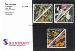 Republiek Suriname Zonnebloem Presentatiemapje PTT nr 105A en 105B Postfris Postzegelmapje Orchideeën 1996