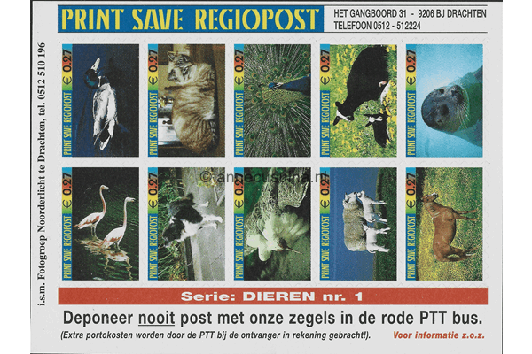 Stadspost Print Save Regiopost Drachten Postfris Velletje 10x 0,27 Zelfklevend Serie Dieren nr. 1 Noorderlicht Print Save Penta