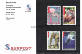 Republiek Suriname Zonnebloem Presentatiemapje PTT nr 136A en 136B Postfris Postzegelmapje Bedreigde diersoorten in de wereld 1999
