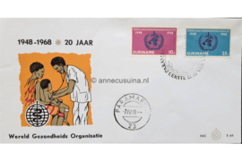 Suriname (Windroos) NVPH E60 (E60W) Onbeschreven 1e Dag-enveloppe 20 jaar Wereldgezondheidsorganisatie 1968