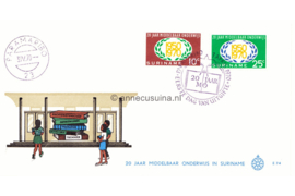 Suriname (Windroos) NVPH E74 (E74W) Onbeschreven 1e Dag-enveloppe 20 jaar Middelbaar Onderwijs 1970