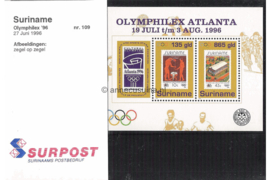 Republiek Suriname Zonnebloem Presentatiemapje PTT nr 109 Postfris Postzegelmapje Blok Olymphilex Atlanta 1996