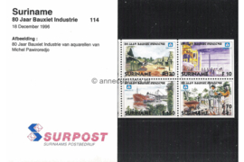 Republiek Suriname Zonnebloem Presentatiemapje PTT nr 114 (Zegels) Postfris Postzegelmapje 80 Jaar Suralco Bauxiet Industrie. Zegels afkomstig uit postzegelboekje nr. 9. Afbeeldingen van de bauxietwinning naar aquarellen van Michel Pawiroredjo 1996