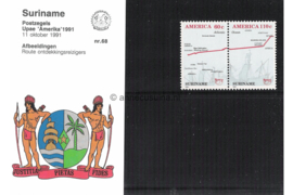 Republiek Suriname Zonnebloem Presentatiemapje PTT nr 68 Postfris Postzegelmapje U.P.A.E. 'America' (derde serie) Afbeelding van de ontdekking van America door Christopher Columbus 1991