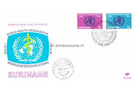 Suriname (Palmboom) NVPH E60 (E60P) Onbeschreven 1e Dag-enveloppe 20 jaar Wereldgezondheidsorganisatie 1968