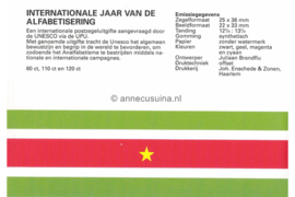 Republiek Suriname Zonnebloem Presentatiemapje PTT nr 55 Postfris Postzegelmapje Het Internationale Jaar van de Alfabetisering, een initiatief van de UNESCO. Afbeeldingen van de emblemen van de organisaties 1990