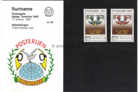 Republiek Suriname Zonnebloem Presentatiemapje PTT nr 78 Postfris Postzegelmapje U.P.A.E. (vierde serie) de herdenking van de aankomst van Columbus in Amerika 500 jaar geleden. 1992
