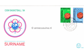Republiek Suriname Zonnebloem E83 Onbeschreven 1e Dag-enveloppe De CISM (Conseil International du Sport Militaire) Basketball Kampioenschappen 1984