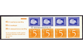 SPECIALITEIT + NIET GECATALOGISEERD! Nederland NVPH PB 16a Postfris Blauwe horizontale streep onder 45c in b.2 / Gom D1 Postzegelboekje 4 x 5ct cijfer v. Krimpen + 4 x 45ct Juliana Regina 1974