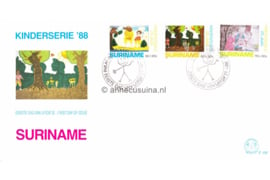 Republiek Suriname Zonnebloem E128 Onbeschreven 1e Dag-enveloppe Kinderzegels, afbeelding van 'kind en dier', 'kind in de natuur' en 'kinderen helpen elkaar (stop drugs!)'  1988