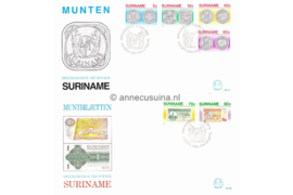 Republiek Suriname Zonnebloem E71 A en B Onbeschreven 1e Dag-enveloppe Surinaamse munten en bankbiljetten op  2 enveloppen 1983