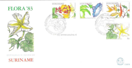 Republiek Suriname Zonnebloem E67 A, B en C Onbeschreven 1e Dag-enveloppe Bloemenzegels Maria Sibylle Merian op 3 enveloppen 1983