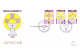 Republiek Suriname Zonnebloem E122 Onbeschreven 1e Dag-enveloppe Paasweldadigheidszegels, Symbolische voorstellingen van het paasfeest 1988