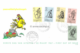 Suriname NVPH E52b (Uitgave met wegrennende kip) Onbeschreven 1e Dag-enveloppe Paasweldadigheidszegels 1967