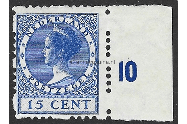 Nederland NVPH R48 MET VELRAND RECHTS NR. 10 Postfris FOTOLEVERING 15 cent) Vierzijdige roltanding Koningin Wilhelmina (type Veth) 1928