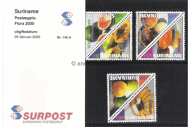 Republiek Suriname Zonnebloem Presentatiemapje PTT nr 145A en 145B Postfris Postzegelmapje Tropische vruchten 2000
