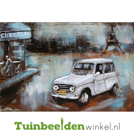 Metalen schilderij ''De witte auto in Parijs'' TBW001043