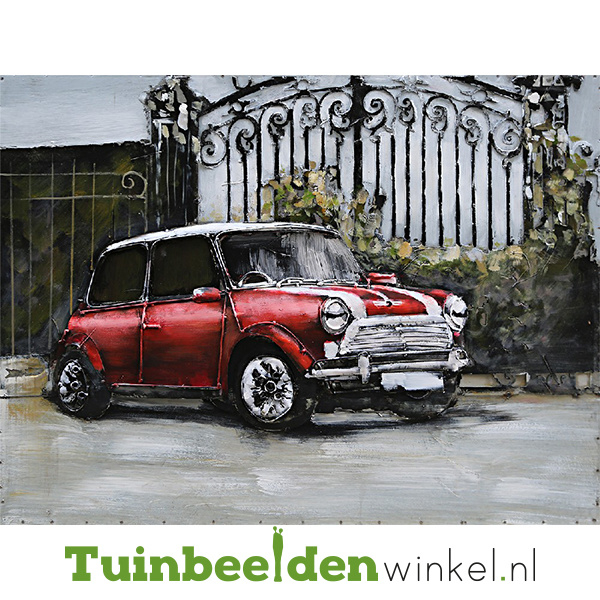 Metalen schilderij ''De rode mini cooper'' TBW001328