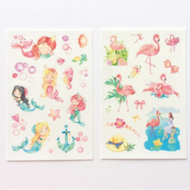 6 velletjes stickers unicorn flamingo dieren schelpen walvissen zeemeermin