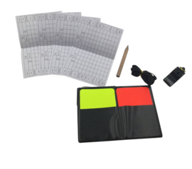 Voetbal scheidsrechter set - mapje gele en rode kaart - fluit scoreblaadjes - potlood