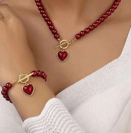 Sieradenset Ketting + armband rood imitatie parels