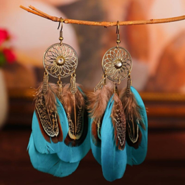 Oorbellen Vintage Boho Feather blauw