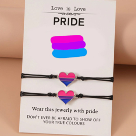 2 stuks vriendschaps armbandjes hart roze paars blauw op cadeaukaartje