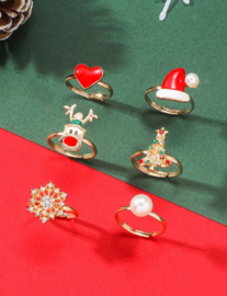 6 stuks verstelbare ringen kerst motiefjes goudkleur