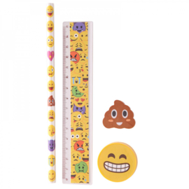 Emoji schrijfset Potlood - gum - puntenslijper - liniaal