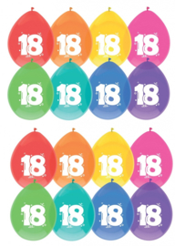 16 stuks Ballonnen multicolor met opdruk 18 jaar